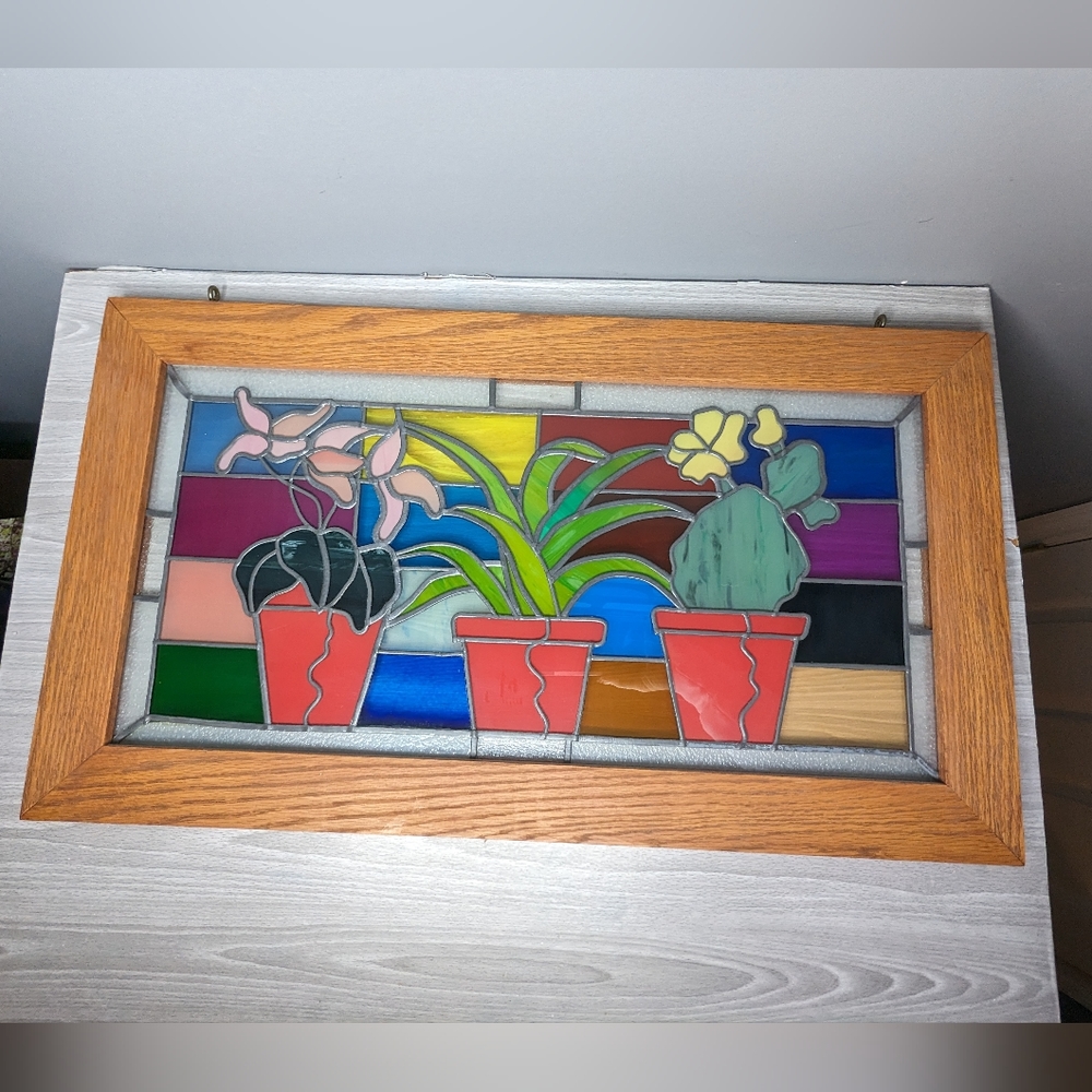 Vintage Wood Framed House Plants Large Stained Glass - Picture 3 of 14